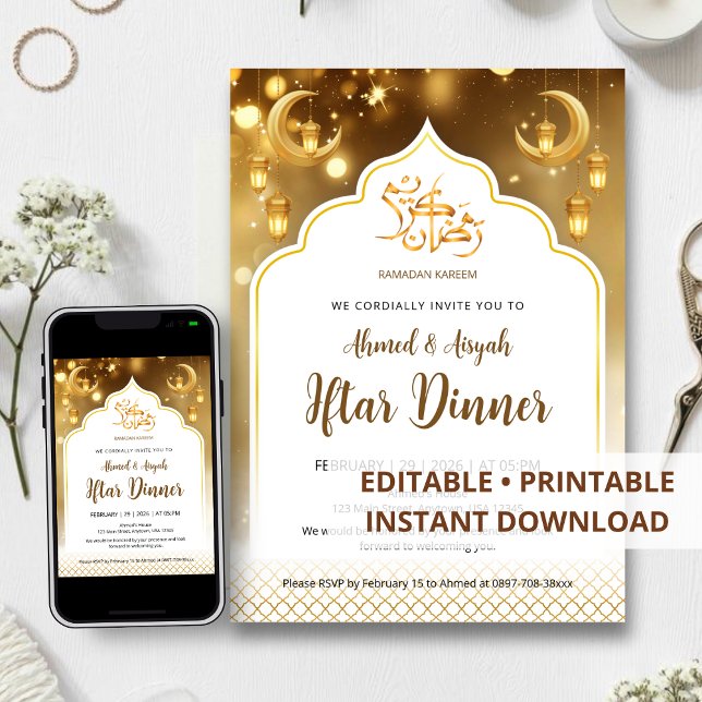 Luxury Golden Glow Ramadan Iftar Dinner Invitation (Creator Uploaded)