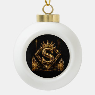 Luxury Golden Letter S Crown Diamond Monogram Ceramic Ball Christmas Ornament