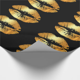 Luxury golden lips kisses on black wrapping paper