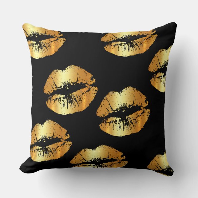 Luxury golden lips on black throw pillow (Front)