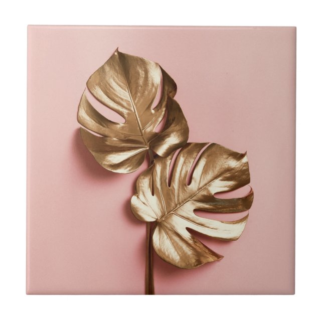 Luxury golden monstera leaves.  ceramic tile (Front)