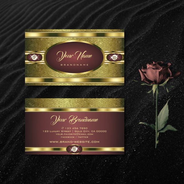 Luxury Golden Patterns Burgundy with Faux Diamonds Business Card (Creator Uploaded)