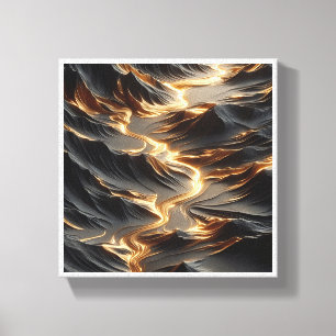 Luxury Golden River Abstract - Modern Dark Mountai Canvas Print