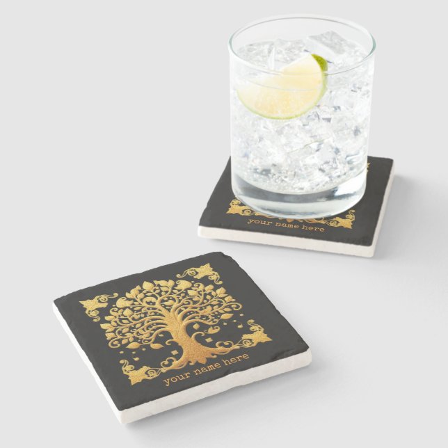 Luxury Golden Tree of Life Stone Coaster (Side)