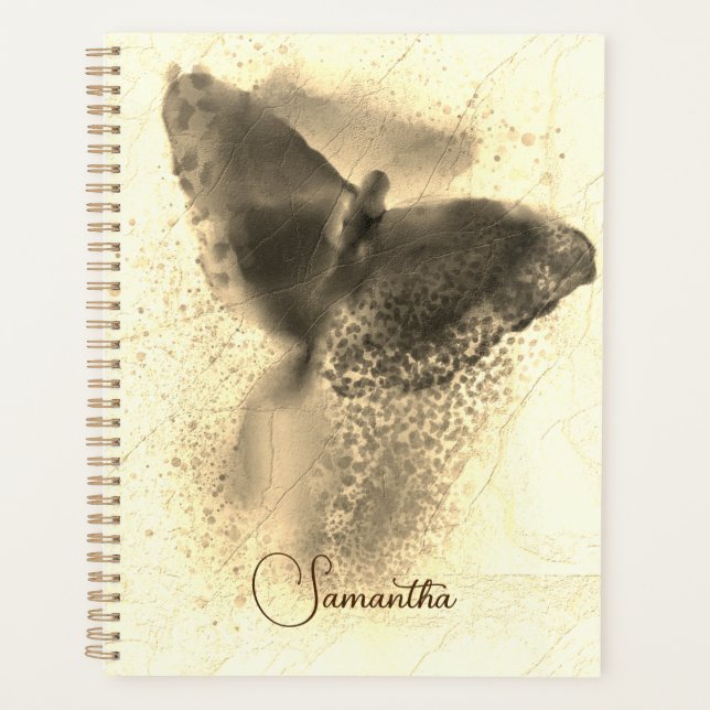Luxury Golden Watercolor Butterfly Photo Monogram Planner (Front)