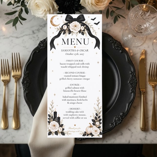 Luxury Gothic Black Bow Wedding Menu | Halloween  (Creator Uploaded)
