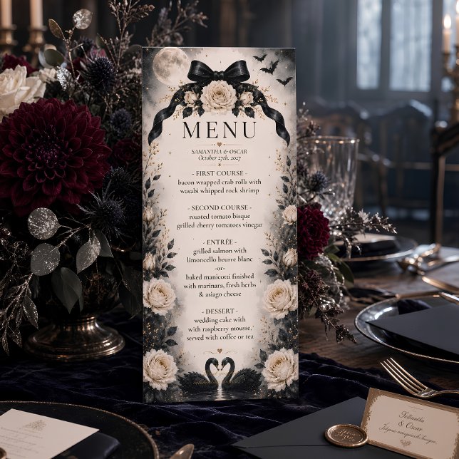 Luxury Gothic Black Bow Wedding Menu | Moonlit  (Creator Uploaded)