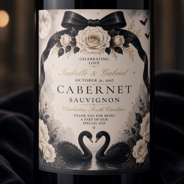 Luxury Gothic Black Bow Wedding Wine Label (Creator Uploaded)