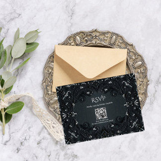 Luxury Gothic Black Lace Victorian Wedding QR Code RSVP Card