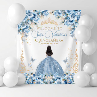 Luxury Gown Baby Blue Gold Fairytale Crown Welcome Tapestry