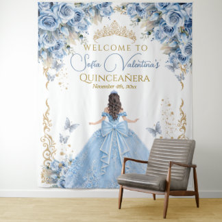 Luxury Gown Baby Blue Gold Quinceanera Welcome  Tapestry