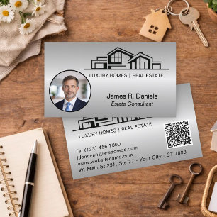 Luxury Gray Silver Real Estate Chic Professional Business Card