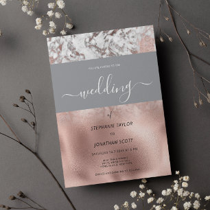 Luxury gray white rose gold marble wedding invitation
