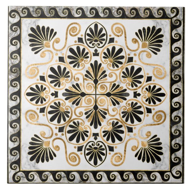 Luxury Greek Ornament Black and White Marble Ceramic Tile (Front)