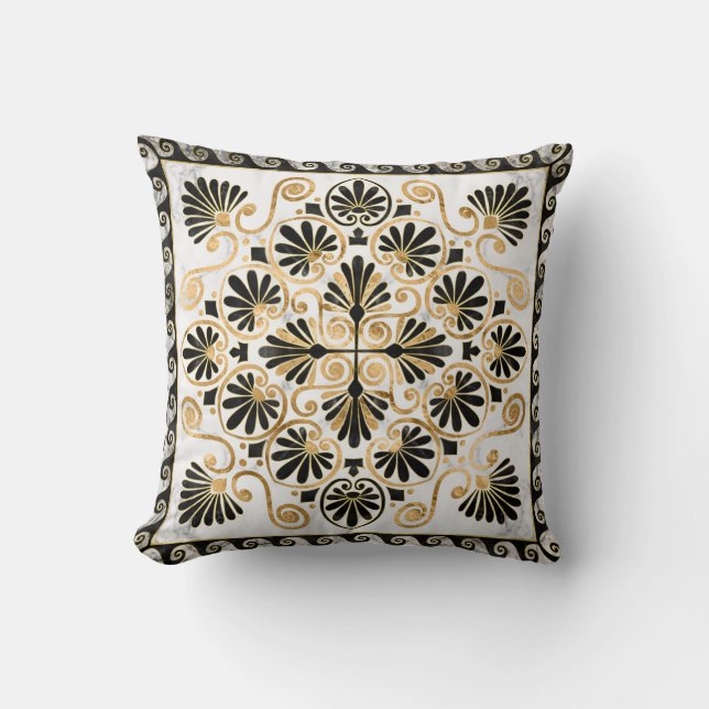 Luxury Greek Ornament Black and White Marble Cushion (Front)