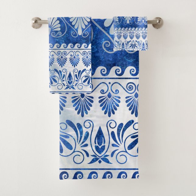 Luxury Greek Ornament Blue Gemstone and pearl Bath Towel Set (Insitu)