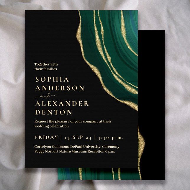 Luxury green and gold agate dark wedding invitation (Creator Uploaded)