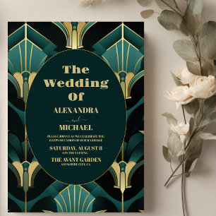 Luxury Green and Gold Art Deco Wedding  Invitation