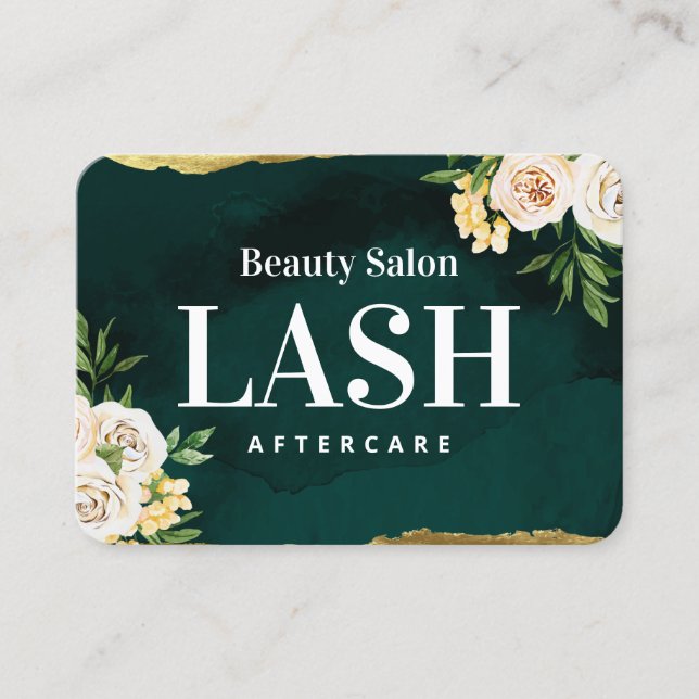 Luxury Green and Gold Lash Aftercare Card (Front)
