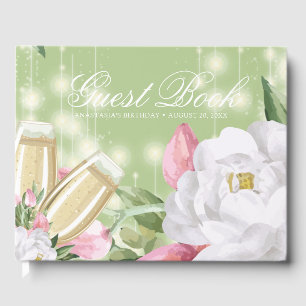 Luxury Green Champagne Floral Birthday Guest Book