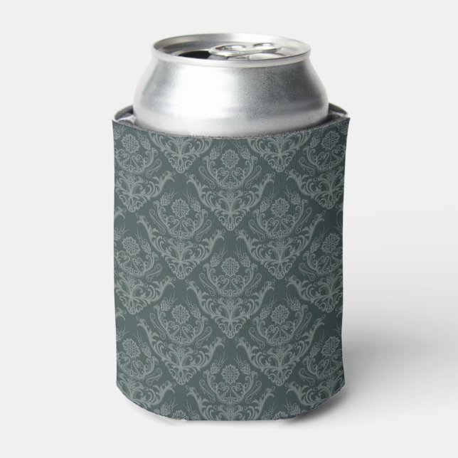 Luxury green floral damask wallpaper can cooler (Can Front)