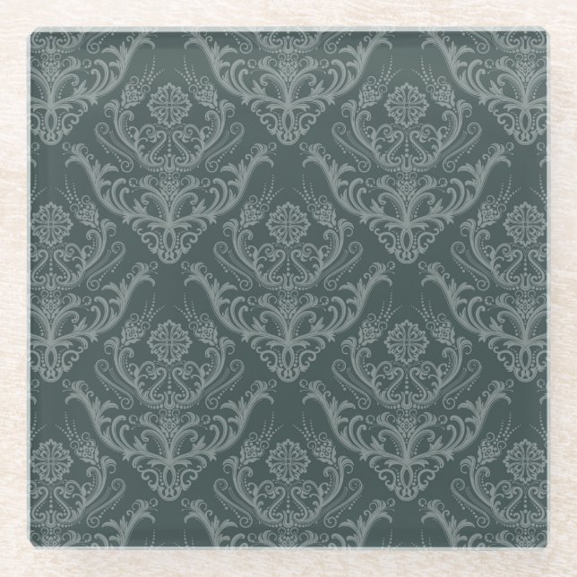 Luxury green floral damask wallpaper glass coaster (Front)