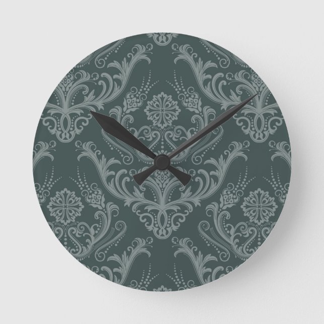 Luxury green floral damask wallpaper round clock (Front)