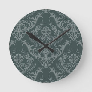 Luxury green floral damask wallpaper round clock
