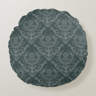 Luxury green floral damask wallpaper round cushion