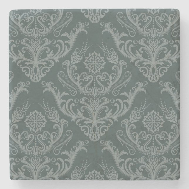 Luxury green floral damask wallpaper stone coaster (Front)