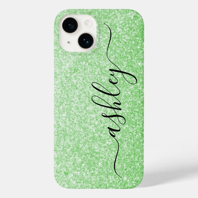 Luxury Green Glitter Phone Case with Custom Name. (Back)