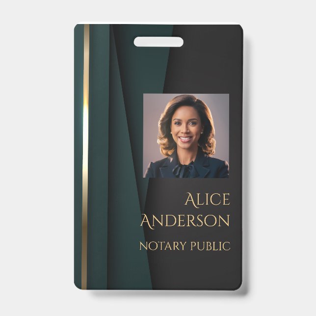 Luxury green gold elegant notary public ID badge (Front)