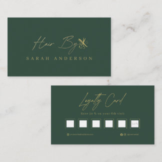 Luxury Green Gold Hair Stylist with Loyalty Business Card