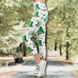 Luxury Green Gold Hats and Shamrocks White Capri Leggings