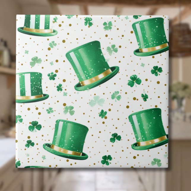 Luxury Green Gold Hats and Shamrocks White Ceramic Tile (Creator Uploaded)