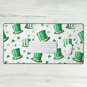 Luxury Green Gold Hats and Shamrocks White Desk Mat