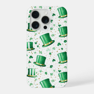 Luxury Green Gold Hats and Shamrocks White iPhone 15 Pro Case