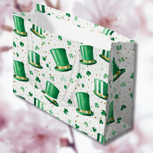 Luxury Green Gold Hats and Shamrocks White Large Gift Bag