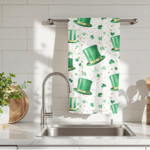 Luxury Green Gold Hats and Shamrocks White Tea Towel