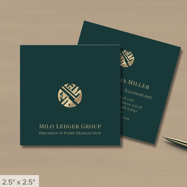 Luxury Green Gold Logo Square Business Card (Creator Uploaded)