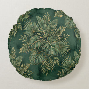 Luxury Green Gold Monstera Palm Botanical Jungle Round Cushion