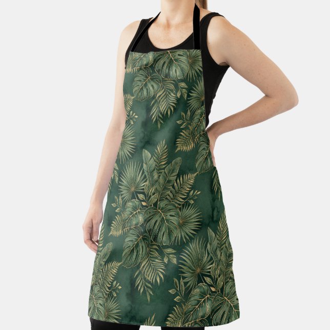 Luxury Green Gold Tropical Leaves Pattern Apron (Insitu)