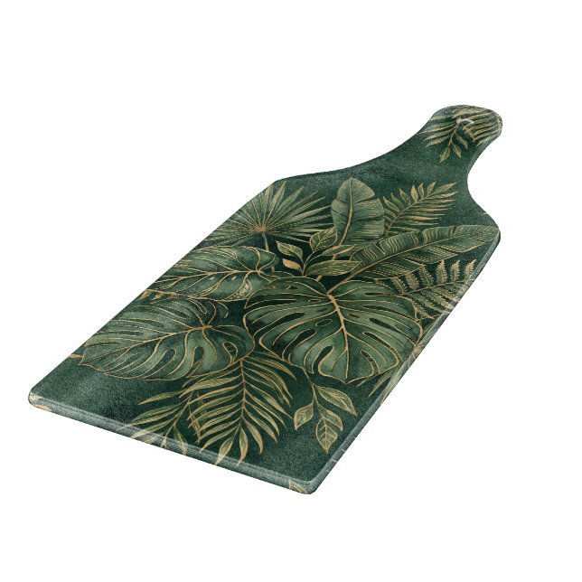 Luxury Green Gold Tropical Leaves Pattern Cutting Board (Corner)