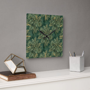 Luxury Green Gold Tropical Leaves Pattern Square Wall Clock