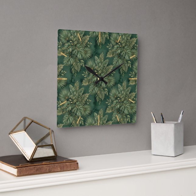 Luxury Green Gold Tropical Leaves Pattern Square Wall Clock (Office)