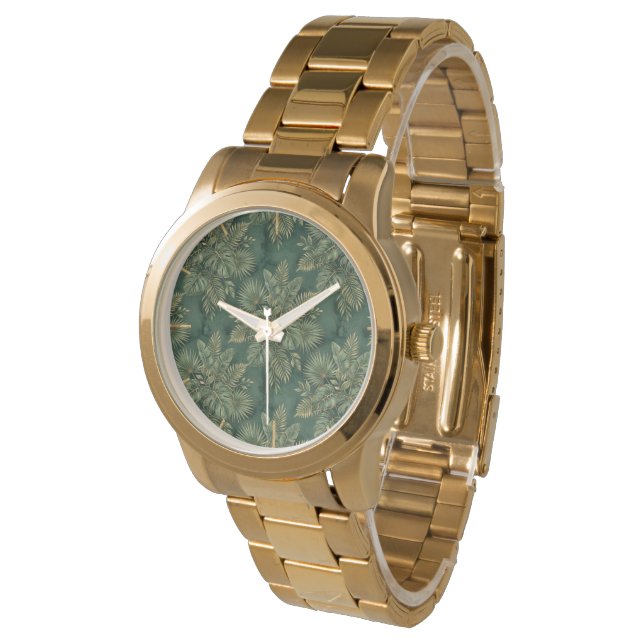 Luxury Green Gold Tropical Leaves Pattern Watch (Angled)