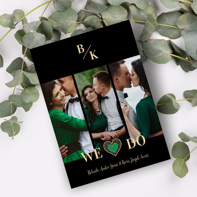 Luxury Green Heart Lace Gold Effect 3 Multi Photos Invitation (Luxury Green Heart Fake Lace Golden Effect Simple Classic 3 Photos Collage Wedding Invitation.)