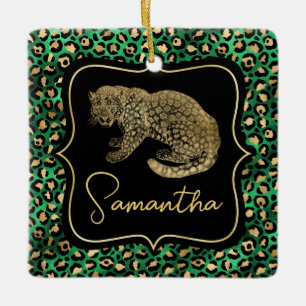 Luxury Green Leopard Print Gold Animal Monogram Ceramic Ornament