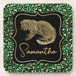 Luxury Green Leopard Print Gold Animal Monogram Coaster