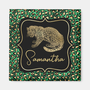 Luxury Green Leopard Print Gold Animal Monogram Magnet